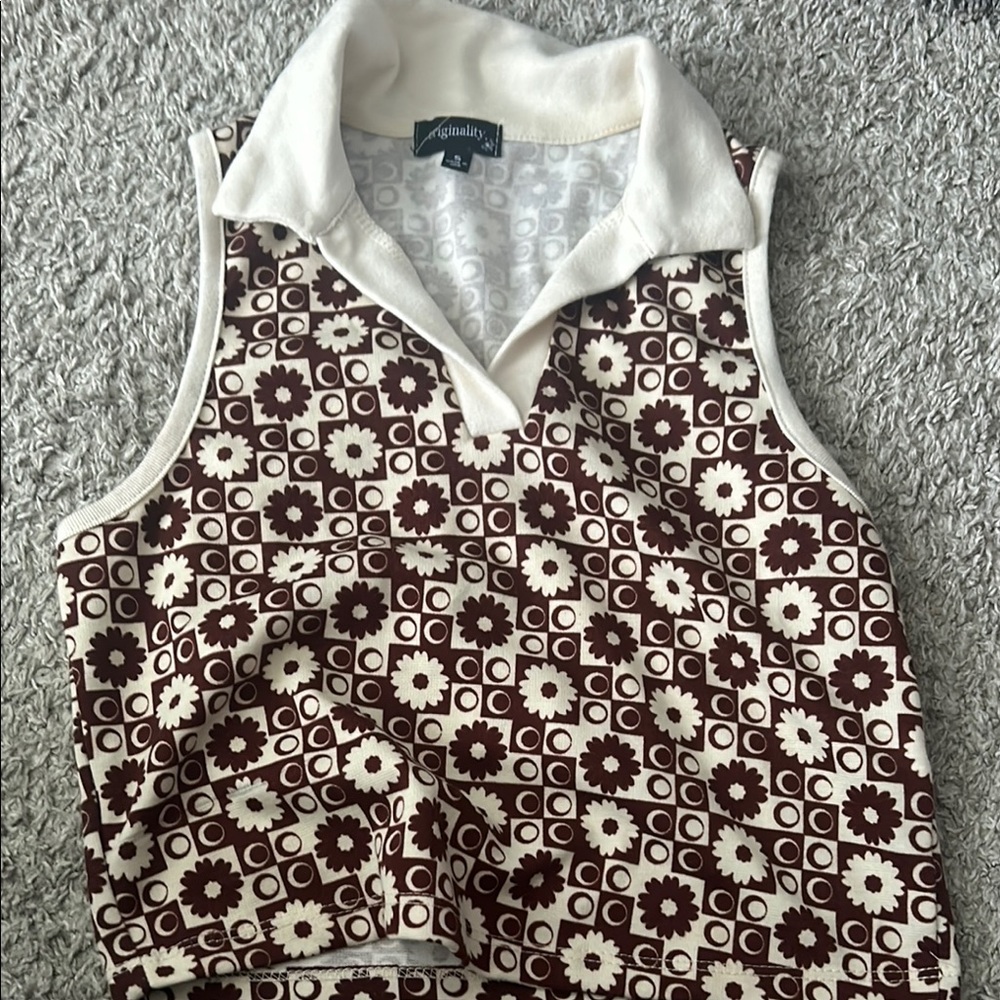 Collina Strada White and Brown Sleeveless Polo Crop Tank